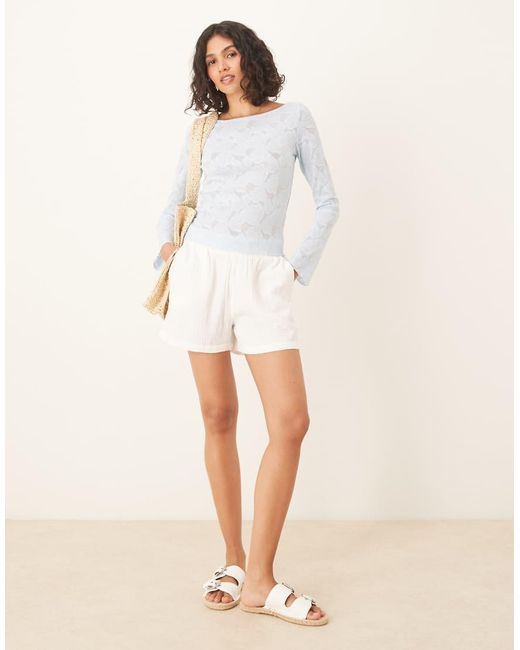 Gina Tricot Natural Sheer Structured Long Sleeve Lace Jersey Top With Fluted Sleeves