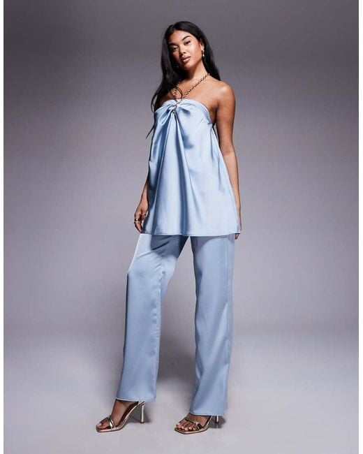 ASOS Blue Tailored Satin Halter Neck Top With Chain Detail Co-Ord