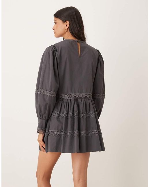 ASOS Gray Smock Mini Dress With Lace Inserts And Volume Sleeve