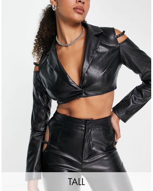 SIMMI Black Simmi Tall Leather Look Cropped Blazer With Cut Out Detail