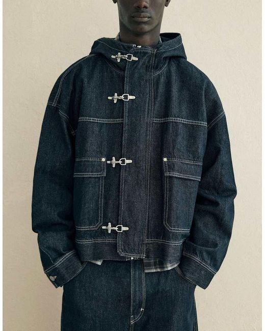 Bershka Blue Denim Jacket With Hood And Clasps for men