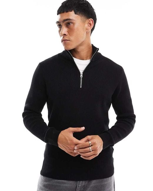 Only & Sons Black Ribbed Half Zip Jumper for men