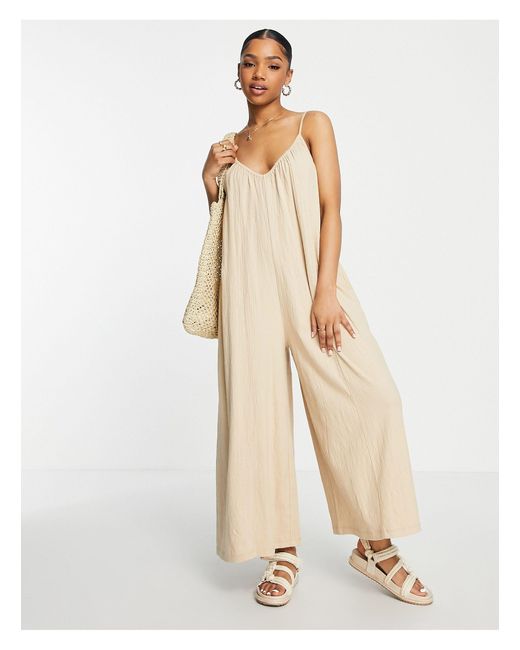 ASOS Cotton Crinkle Minimal Wide Leg Cami Jumpsuit in Green | Lyst
