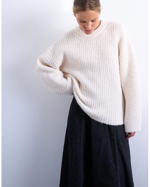 Pull en maille côtelée à manches ballon - ivoire TOPSHOP en coloris White