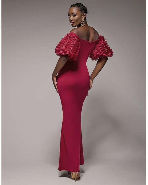 Goddiva Red Off The Shoulder 3D Puffed Sleeve Sweetheart Maxi Dress