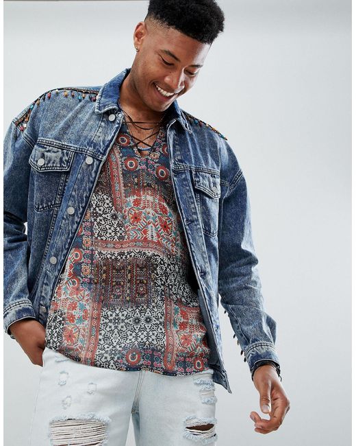 Tall Veste en jean oversize avec imprime au dos et perles ASOS pour homme en coloris Bleu Lyst