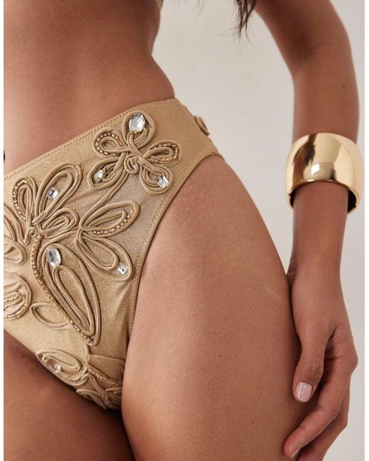 ASOS Brown High Waisted Embellished Cord Detail Bikini Bottoms