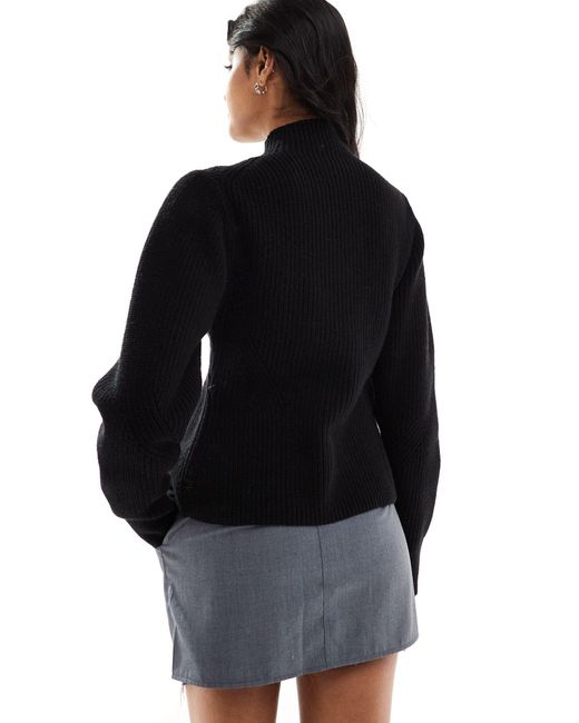 & Other Stories Black Merino Wool And Cotton Blend Cardigan With Zip Front And Sculptural Sleeves