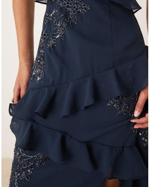 Maya Blue Embellished Strappy Ruffle Maxi Dress