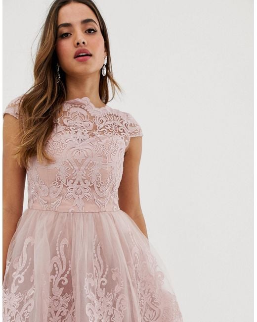 Chi Chi London Premium Lace Midi Prom Dress With Bardot Neck | Lyst