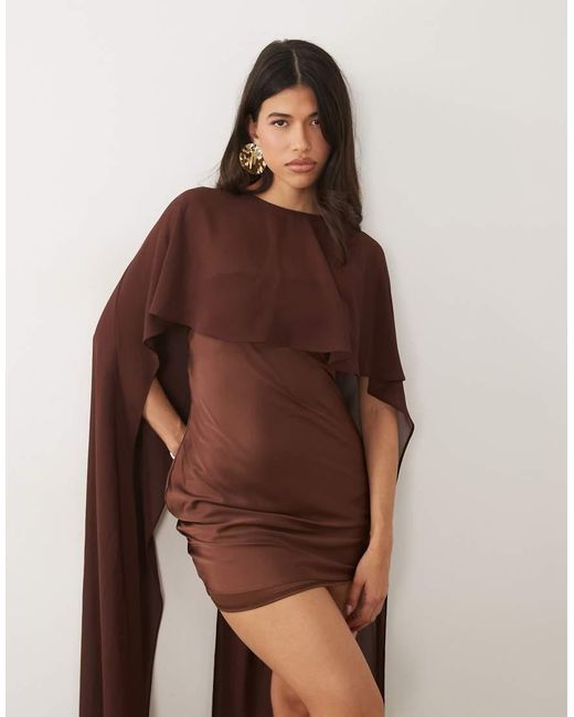 TFNC London Brown Satin Mini Dress With Mesh Cape And Skirt