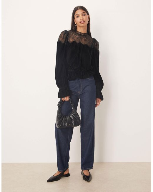 ASOS Blue Velvet And Lace Mix High Neck Long Sleeve Blouse