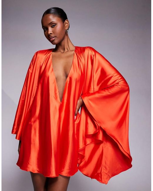 The Dolls House Red Lorena Satin Volume Sleeve Plunge Neck Mini Dress