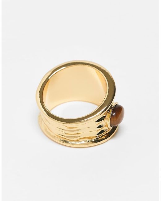 Anillo Chapado En Oro De 14 Quilates Con Diseño De Piedras Semipreciosas De Ojo De Tigre Auténtico De Asos Design Curve ASOS de color Metallic