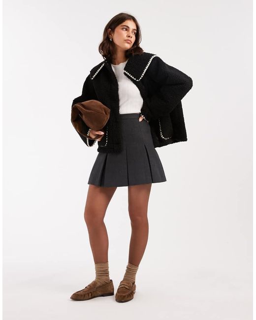 Miss Selfridge Black Blanket Stitch Borg Collar Detail Jacket