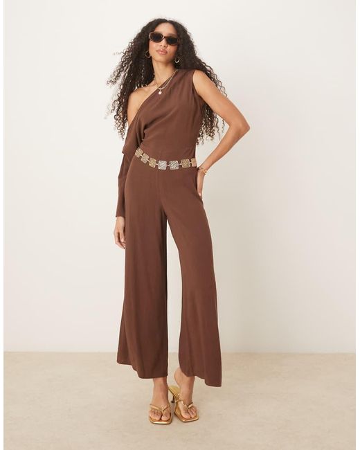 ASOS Natural Linen Fallen Shoulder Jumpsuit