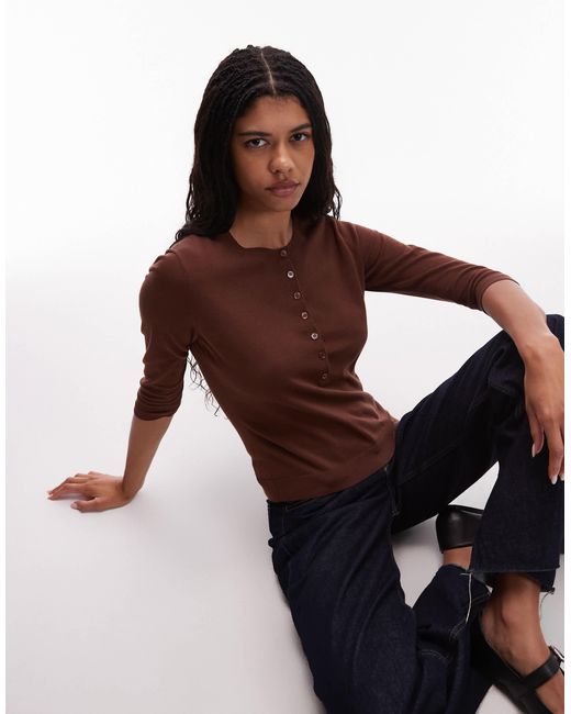 ARKET Brown Knitted Rib Henley Top With Long Sleeves
