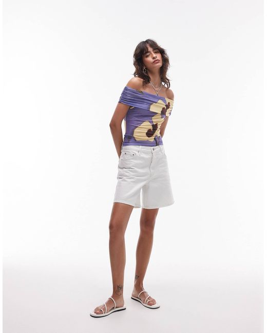 TOPSHOP Purple Floral Print Microfibre Deep Fold Bardot Top