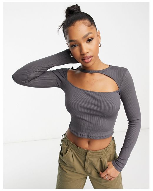 Bershka Asymmetric Cut Out Ribbed Top in Gray | Lyst