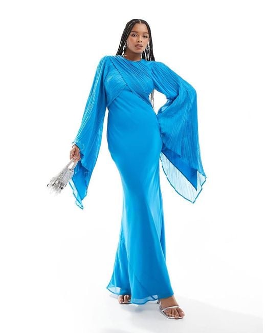 ASOS Blue Modest exaggerated Sleeve Wrap Bias Maxi Dress