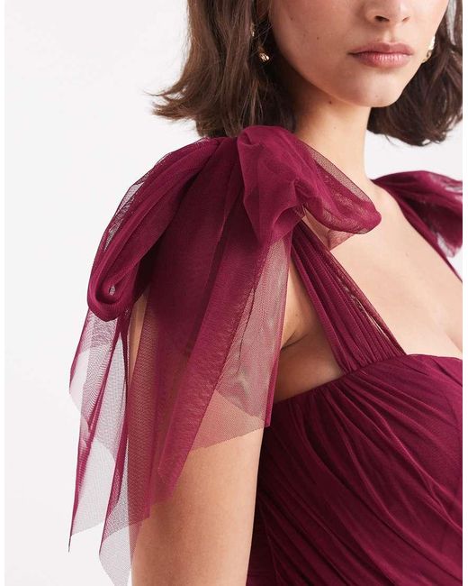 LACE & BEADS Red Bridesmaid Bow Shoulder Tulle Maxi Dress