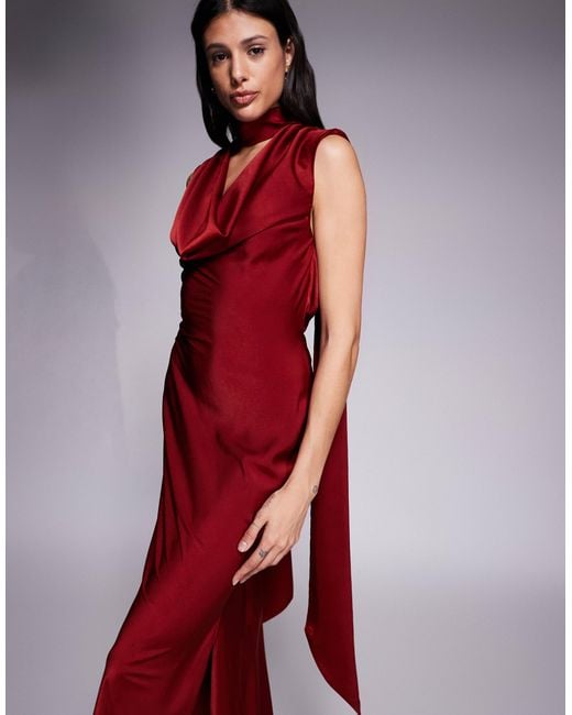 ASOS Red Asos Design Tall Satin Cowl Neck Midi Dress With Scarf Neck Ties And Twist Back
