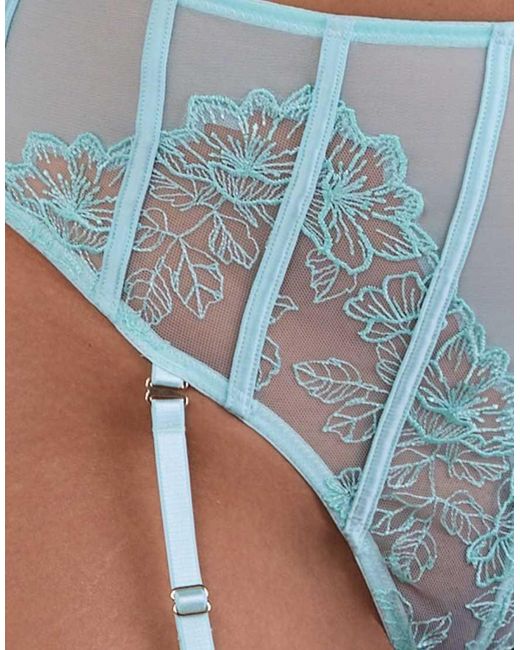 Playful Promises Blue Valerie Embroidery & Mesh High Waist Suspender Thong