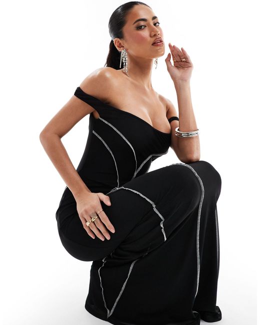 Robe longue à encolure bardot et coutures apparentes contrastantes ASOS en coloris Black