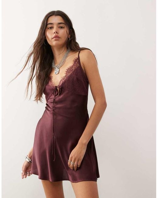 Reclaimed Vintage Red Satin Mini Dress With Lace Trims And Tie Front