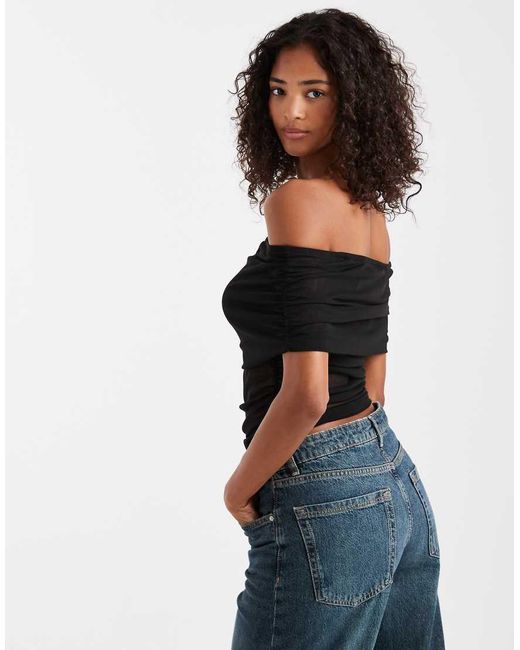 ASOS Black Semi Sheer Mesh Fold Over Ruched Off Shoulder Top