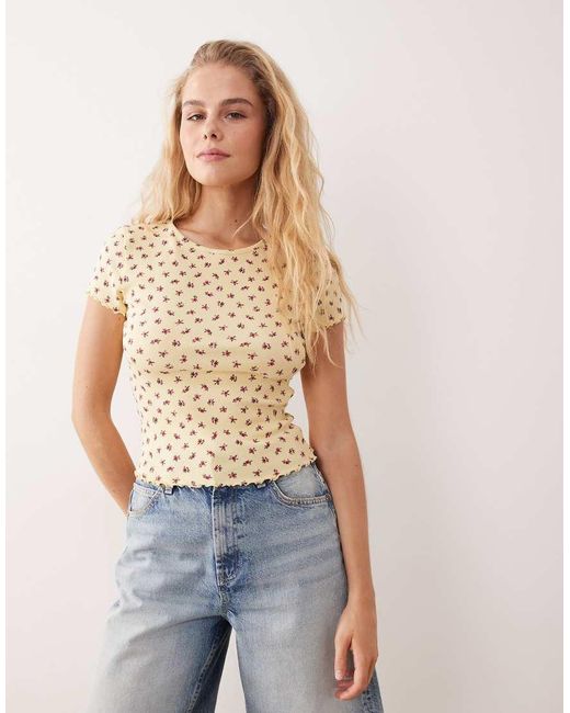 Miss Selfridge Blue Ditsy Print Short Sleeve Ribbed Lettuce Edge T-Shirt