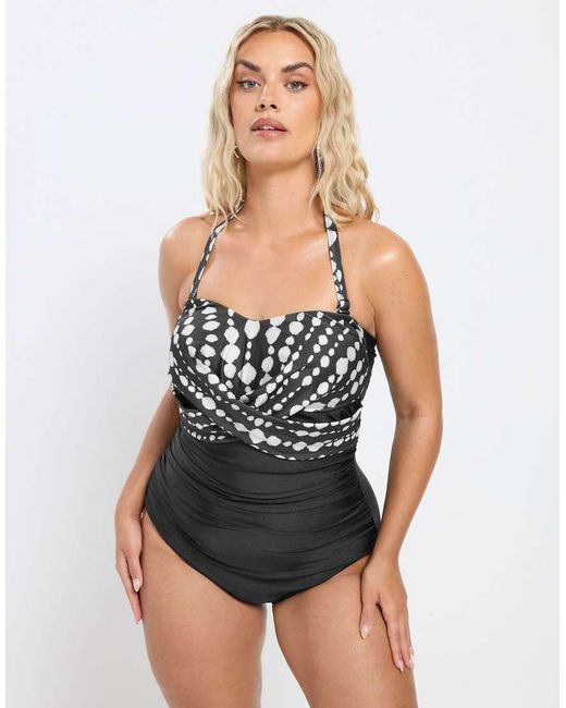 Yours Clothing Black Crossover Spot Print Swimsuit
