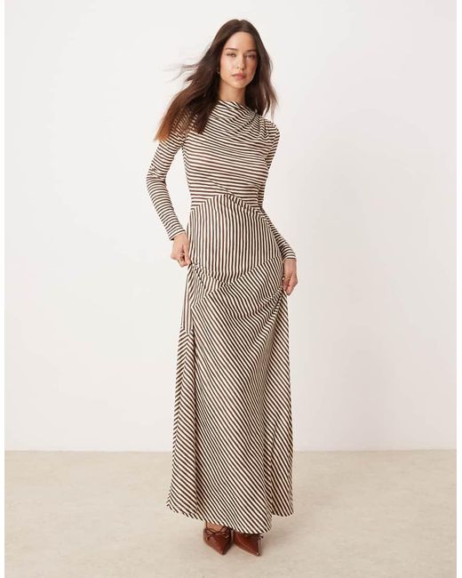Pretty Lavish Natural Asymmetric Stripe Maxi Dress