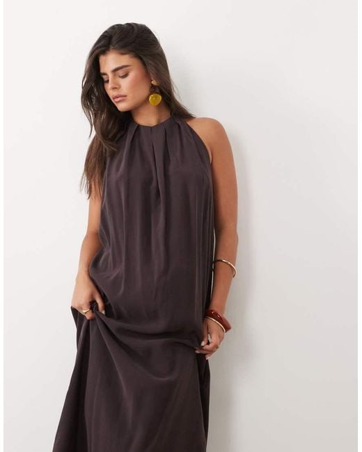 ASOS Brown High Gathered Neck With Open Back Maxi Dress