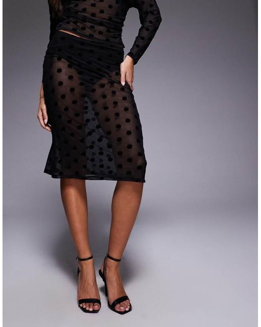 ASOS Midi Rok Van Doorschijnend Mesh Met Geflockte Stippen in het Black