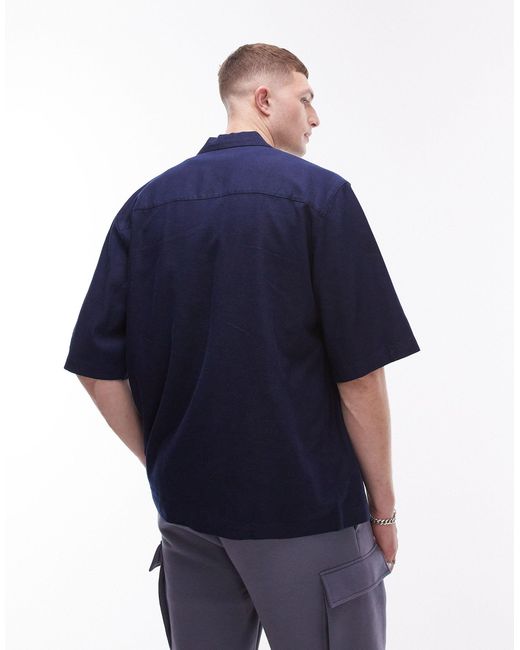 Topman – kurzärmliges, kastiges hemd aus leinenmix in Blue für Herren