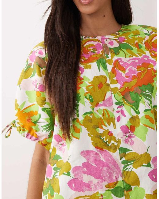 ASOS Multicolor Crew Neck Mini Dress With Tie Sleeve Detail