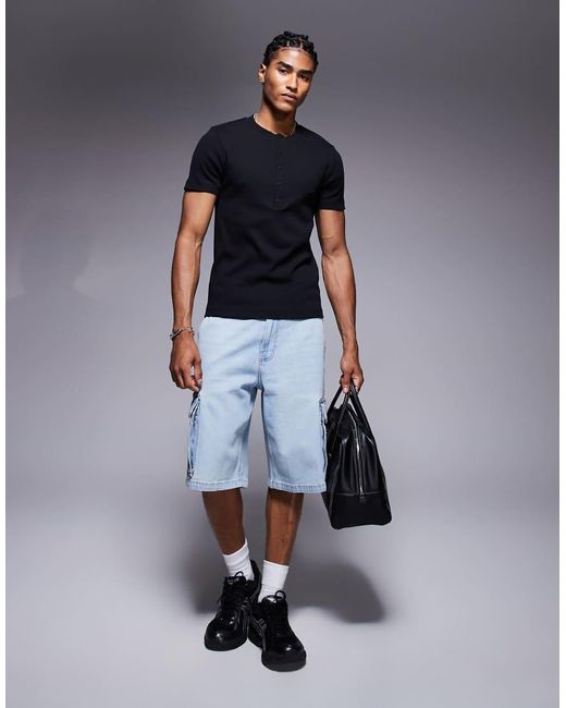 ASOS Blue Muscle Fit T-Shirt With Henley Neck for men