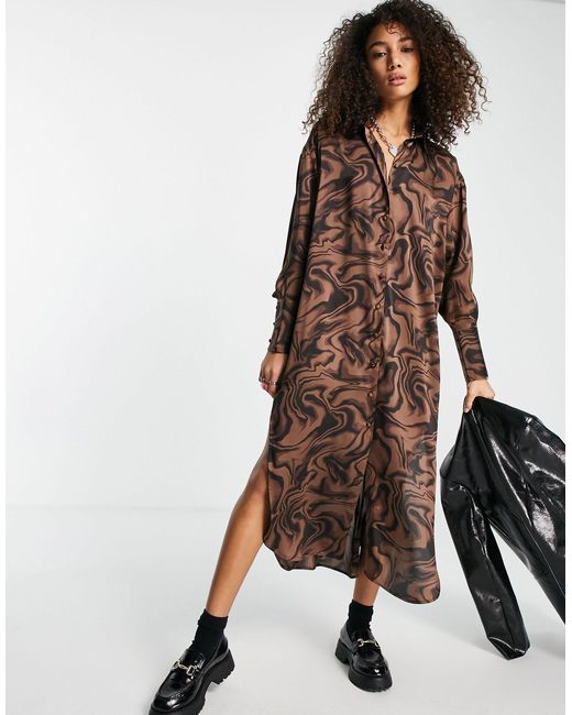TOPSHOP Animal Oversized Satin Midi Shirtdress in Brown | Lyst Canada