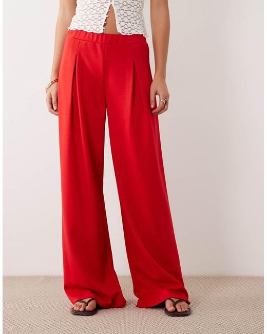 ASOS Red Co-ord Interlock Pleated Pull On Wide Leg Trousers