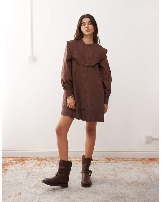 Reclaimed Vintage Brown Mini Shirt Dress With Oversized Collar And Floral Embroidery