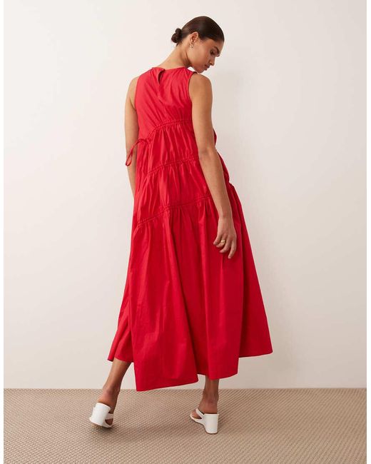 Ghospell Red Sleeveless Drawstring Detail Ruched Midi Dress
