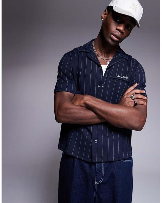 River Island Short Sleeve Pinstripe Shirt in Blue for Men | Lyst UK