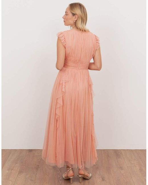 ANAYA Pink V Neck Waterfall Ruffle Sleeveless Midaxi Dress