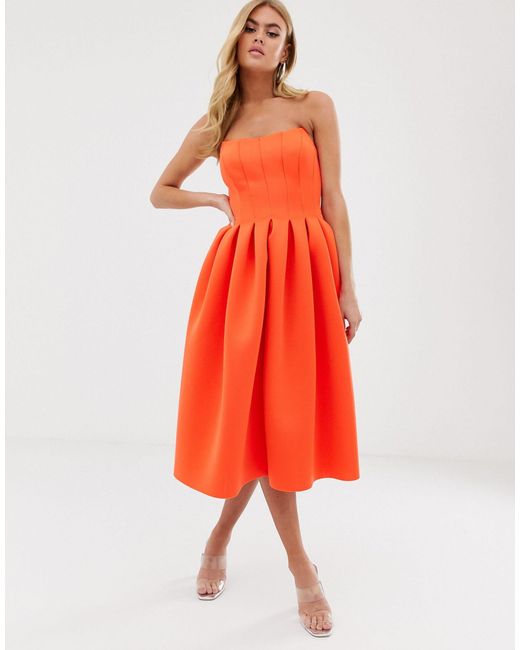 ASOS Orange Bandeau Seam Detail Midi Prom Dress