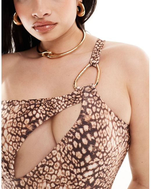 South Beach Brown Printed Buckle One Shoulder Swimsuit