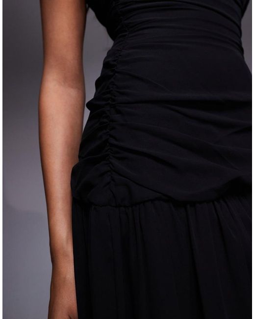 Vestido Largo Fruncido De Chifón Con Hombro Caído, Bajo Asimétrico Y Transparente De Fashionkilla de color Blue