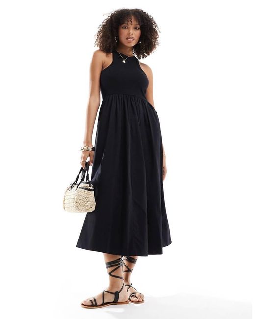 Y.A.S Black Racer Neck Jersey And Cotton Hybrid Maxi Dress