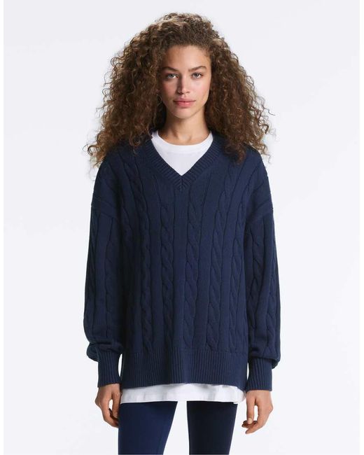 Oysho Blue 100% Cotton Cable Knit V-Neck Jumper
