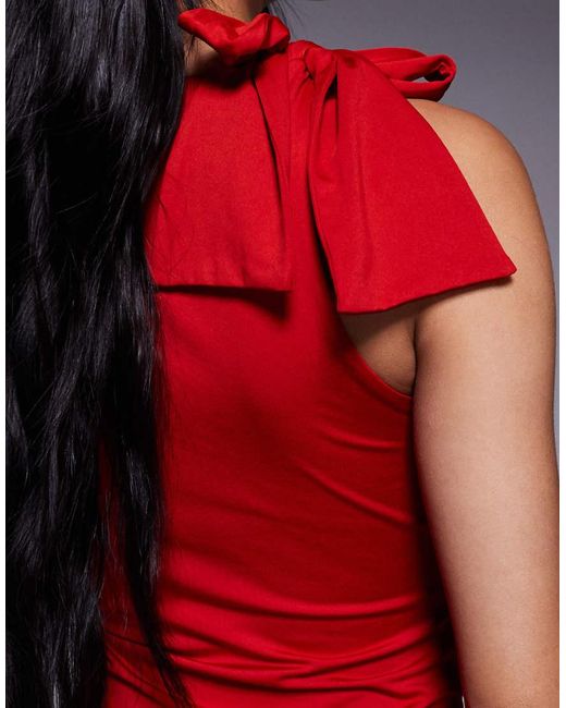 Aria Cove Red Double Sculpted Slinky Tie Shoulder Detail Bodycon Maxi Dress